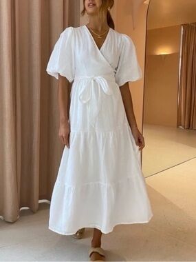 NWT Faithfull The Brand Edee Linen Wrap Midi Dress in White Size 6